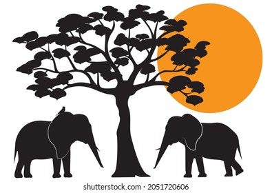 Elephants silhouettes in Africa, vector. Elephants silhouettes and tree illustration on sunset, illustration isolated on white background. Beautiful wall decals, natural wall art, artwork
