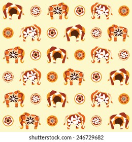 Elephants in a sixties inspired repeating pattern