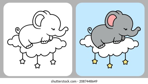 Elephants sleep on clouds, for coloring pictures and t-shirt designs for kids. Cute cartoon elephant in vector illustration.