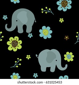 Elephants with spring flowers seamless fabric pattern