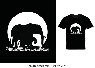 Elephants t shirts design. Mother elephant and baby elephant in beautiful moon light.