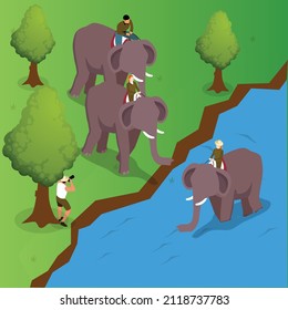 Elephants with tourists riding on the back isometric 3d vector for illustration concept banner, website, landing page, ads, flyer template