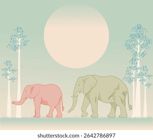 Elephants traveling at night on the savanna