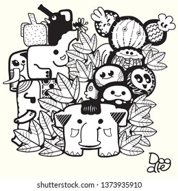 Elephants and trees doodle. Wildlife art. hand drawn vector illustration.