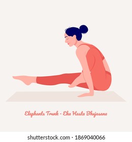 Elephants Trunk - Eka Hasta Bhujasana. Young woman practicing Yoga pose. Woman workout fitness, aerobic and exercises. Vector Illustration.