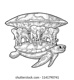 Elephants and turtle holding flat earth. Engraving vintage vector black illustration. Isolated on white background. Hand drawn design element for label and poster