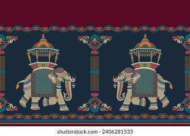 Elephants under Tree Kalamkari Vector Design For Printing Purpose, textile design, saree border