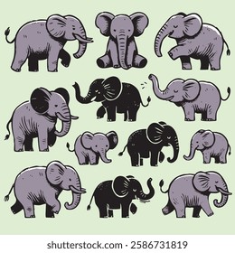 Elephants in various poses, in vector format, for stickers, decorations, cartoons, props, patterns, and more.