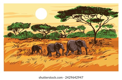 Elefanten gehen durch die Savanne, afrikanische Landschaft, Vektor handgezeichnete Illustration, Skizze, Gravurstil