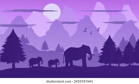 Elephants Walking In a Mountain Forest in a Beautiful Afternoon With The Sun Shining - Beautiful 2d Landscapes Vector