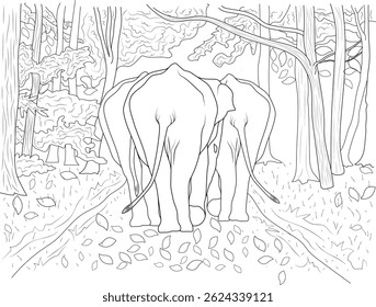 Elephants Walking Through the Forest - Line Art Coloring Page, Black and white line art illustration featuring two elephants walking away from the viewer through a forest setting. This outline