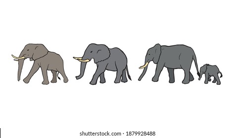 Elephants walking together in a group hand drawn set graphic. Big mammals exploring safari and nature. Animal family on trip somewhere illustration. Jungle wildlife original colored outline sketch.