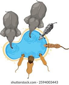 Elephants, zebra, lion, and cheetah at water source