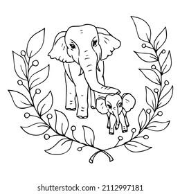 ELEPHANTS.Black and white linear illustration depicting elephants, moms,dads,cubs with twigs and flowers under a palm tree,coloring book for children and adults,line art wall art,posters,shaft art,sta