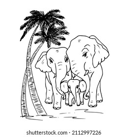 ELEPHANTS.Black and white linear illustration depicting elephants, moms,dads,cubs with twigs and flowers under a palm tree,coloring book for children and adults,line art wall art,posters,shaft art,sta