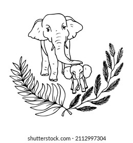 ELEPHANTS.Black and white linear illustration depicting elephants, moms,dads,cubs with twigs and flowers under a palm tree,coloring book for children and adults,line art wall art,posters,shaft art,sta