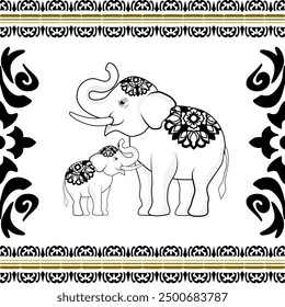 Elefante Mamá y Niño Gemétrico Étnico tradicional sin costuras, Azteca, Tribal, Hmong, Indio nativo americano, Diseño de patrón para envoltura, alfombra, ilustración decorativa
