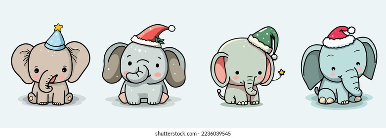 Elephents set cartoon wearing a christmas hat,sticker art design for birthday,christmas,vector illustration.
