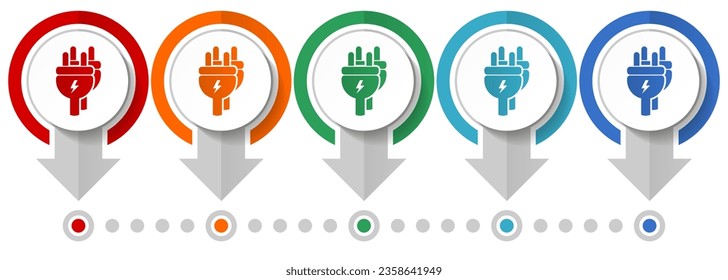 Eletricity, energy, power, plug vector icon set, flat design infographic template, set pointer concept icons in 5 color options for webdesign and mobile applications