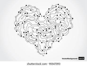 Eletronic circut board in shape of heart. Vector illustration