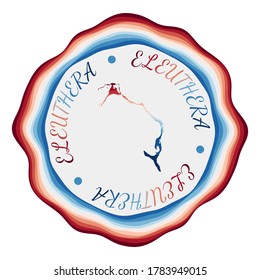 Eleuthera badge. Map of the island with beautiful geometric waves and vibrant red blue frame. Vivid round Eleuthera logo. Vector illustration.