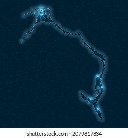 Eleuthera network map. Abstract geometric map of the island. Digital connections and telecommunication design. Glowing internet network. Modern vector illustration.