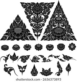 Elevate designs with this vector collection of traditional Thai floral designs and ornate motifs. Ideal for cultural projects, textiles, stationery, invitations, wall art, adding Asian elegance.