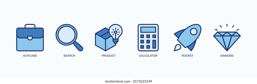 Elevate Icons Set Icon Set Isolated Vector Illustration Concept With Icon Of Suitcase, Search, Product, Calculator, Rocket, Diamond In Blue Style