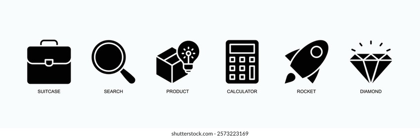 Elevate Icons Set Icon Set Isolated Vector Illustration Concept With Icon Of Suitcase, Search, Product, Calculator, Rocket, Diamond In Glyph Style