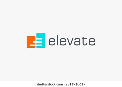 Elevate Logo. Two Rectangles with Negative Space Geometric Striped Lines Initial Letter E Stairs Symbol isolated on White Background. Flat Vector Logo Design Template Element for Business Logos.