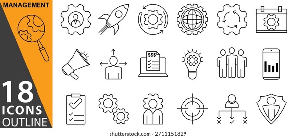 Eleve las presentaciones con este llamativo conjunto de iconos de contorno perfecto para ilustrar la estrategia de gestión global, la investigación de mercado y los Planes de expansión de negocios en todo el mundo.