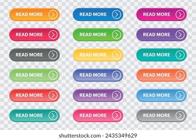 "Elevate web design with our Isolated Read More Button Set. Trendy collection for websites, labels, banners, and more. Vector illustration."