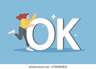 Eleve a mensagem da sua marca com esta ilustração alegre de uma mulher feliz segurando grandes letras OK, simbolizando o serviço perfeito, a satisfação do cliente e a aprovação bem-sucedida do projeto.