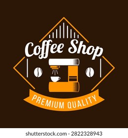 Elevate your brand presence with this premium quality coffee shop geometric badge logo design. Crafted inside a striking orange diamond frame, this emblem features a retro ribbon banner, dual coffee bean icons, and a classic espresso machine illustration brewing a fresh cup. It serves as an ideal visual asset for artisanal cafes, espresso bars, specialty coffee houses, and modern roasters looking to project an authentic, high-quality brewing identity.#CoffeeShopLogo #CafeBranding #EspressoMachine #PremiumQuality #LogoDesign #CoffeeLovers #RetroBadge #BaristaStyle #BrandIdentity #CoffeeMaker
