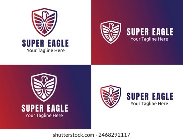 Elevate your brand with the "super eagle" logo design. a powerful eagle emblem within a shield, this vector template offers four variations in blue tones. Ideal for security firms.