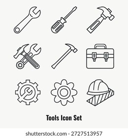 Eleve sus proyectos de construcción y reparación con este completo conjunto de iconos de herramientas. Esta colección de Vector de alta calidad cuenta con 9 iconos de arte de línea distintos, incluyendo un martillo, una llave, un destornillador y una caja de herramientas organizada. También incluye Elementos industriales como engranajes, un casco de seguridad y planos, lo que lo hace perfecto para diseños arquitectónicos y de ingeniería. Estos contornos minimalistas limpios en blanco y negro son ideales para App móviles, interfaz de usuario de Sitio web, UX, logotipos de servicio y manuales de instrucciones de bricolaje. Totalmente escalable y diseñado para una versatilidad profesional.