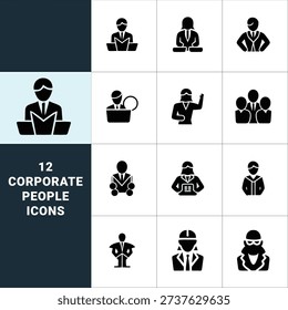 Elevate your corporate and office designs with this premium vector set of 12 corporate people icons. These versatile icons showcase various professional roles, from business managers and team leaders to workers engaged in activities like reading, collaboration, and management. Perfect for use in presentations, digital interfaces, employee profiles, infographics, or corporate websites. The set is delivered in EPS format, ensuring sharp quality and scalability for all digital or print applications. Designed for modern corporate themes, these icons help create sleek, professional visuals for any project.
