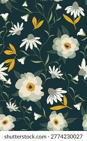 Elevate your craft with this hand-drawn floral pattern. Creamy blooms dance on a dark teal canvas, making it ideal for chic textiles or vintage style wallpaper. Truly unique and ready for print