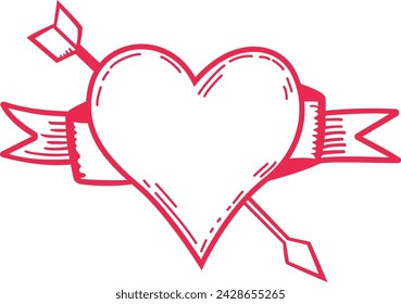 Elevate your design projects with this enchanting EPS vector featuring a delicate pink ribbon gracefully encircling a heart pierced by cupid's arrow. Perfect for Valentine's Day, love-themed events.