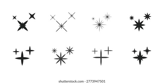 Elevate your design projects with this premium collection of minimalist sparkle and star icons. This high-quality vector set features a variety of clean, black twinkle and starburst symbols, meticulously designed to provide a sophisticated and magical touch to your creative work. These icons are perfect for a wide range of applications, including luxury branding, beauty product packaging, elegant social media graphics, and festive celebration designs.

This versatile icon set includes various geometric star shapes, ranging from simple four-pointed sparks to intricate multi-pointed starbursts. The minimalist aesthetic ensures these elements integrate seamlessly into modern design layouts, providing a sense of brilliance, cleanliness, and wonder. Whether you are creating a logo for a jewelry brand, decorative elements for a wedding invitation, or enhancing the visual appeal of a mobile app interface, these sparkles offer the professional consistency you need.

As a professional-grade editable EPS file, this collection provides infinite scalability. Every line and angle remains sharp and crisp at any size, from tiny website favicons to large-format display banners. The solid black style allows for effortless color customization, enabling you to match the icons to your specific brand palette or festive theme. Isolated on a clean white background, each sparkle element is ready for immediate use in professional design software. Add a touch of brilliance to your portfolio with this essential set of decorative star icons.