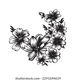 Elevate your designs with this beautiful flower blossom doodle vector design. Featuring delicate floral details and intricate patterns, this non-color vector is perfect for adding a touch of elegance 