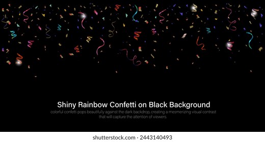 Elevate your designs with this dynamic image featuring shiny rainbow confetti against a sleek black background. Perfect for infusing your projects with a burst of color and energy.