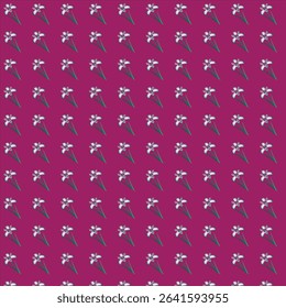 Elevate your designs with this elegant seamless pattern. Delicate white iris flowers pop against a vibrant magenta background, creating a visually stunning floral design. This is a high-qualit vector.