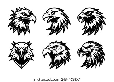 Elevate your designs with this pack of 6 striking eagle head silhouettes. Perfect for logos, emblems, labels, merchandise, wildlife themes, and patriotic projects. Easy to customize.