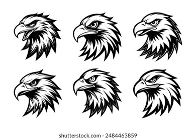 Elevate your designs with this pack of 6 striking eagle head silhouettes. Perfect for logos, emblems, labels, merchandise, wildlife themes, and patriotic projects. Easy to customize.