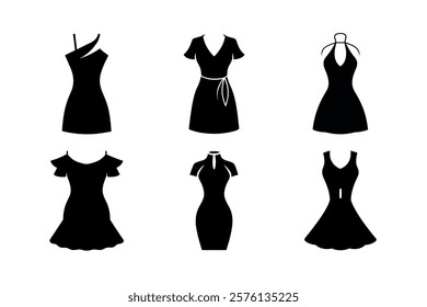 Elevate your designs with this stylish collection of mini dress vectors. Featuring bodycon, strapless, and A-line silhouettes, these illustrations highlight the elegance of modern mini dress fashion.