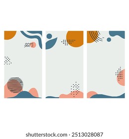 Elevate your digital project with abstract geometric patterns in pastel colors. Three vertical panels of minimalist shapes, lines, and dots offer a modern, eye catching design perfect for social media