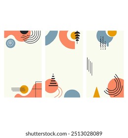 Erhöhen Sie Ihr digitales Projekt mit abstrakten geometrischen Mustern in Pastellfarben. Drei vertikale Panels mit minimalistischen Formen, Linien und Punkten bieten ein modernes, auffälliges Design, das perfekt für Social Media geeignet ist