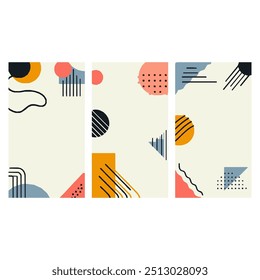 Elevate your digital project with abstract geometric patterns in pastel colors. Three vertical panels of minimalist shapes, lines, and dots offer a modern, eye catching design perfect for social media