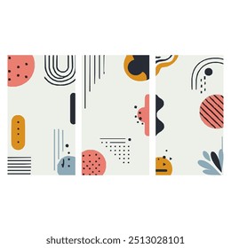 Elevate your digital project with abstract geometric patterns in pastel colors. Three vertical panels of minimalist shapes, lines, and dots offer a modern, eye catching design perfect for social media